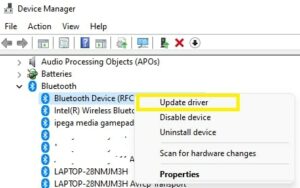 steps in updating the Bluetooth driver on windows